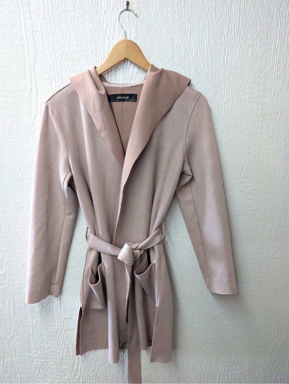 Zara Faux Suede Belted Lightweight Jacket Hooded Coat Pink Mauve Size XS
